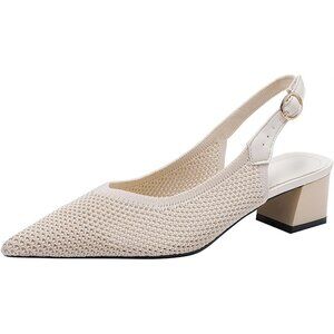Women's Beige Slingback Block Heel Pumps Ladies Closed Pointed Toe Weave Sandals